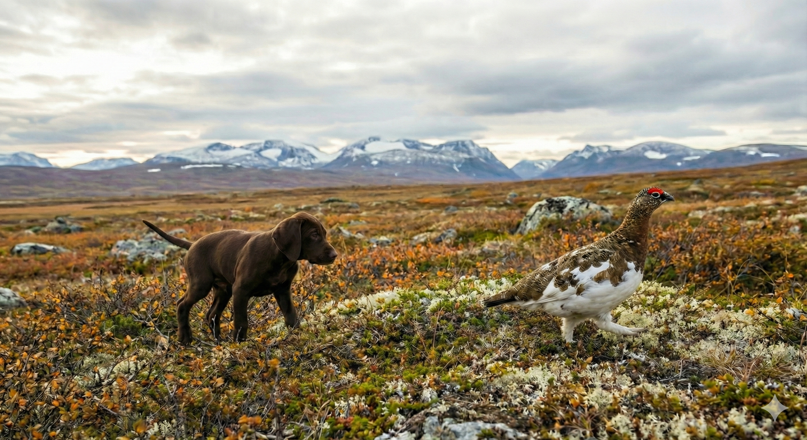 German Shorthaired Pointer on point with ptarmigan in Norwegian mountain landscape